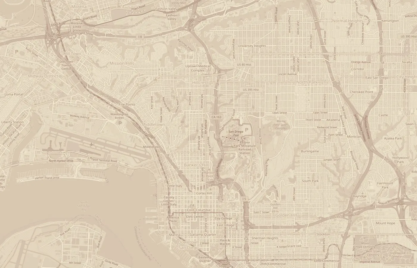 Central San Diego, with the Marston House and five nearby hotels marked